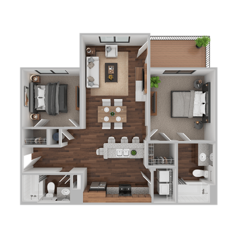 Floor plan for 2 beds, 2 baths, 1005 sqft